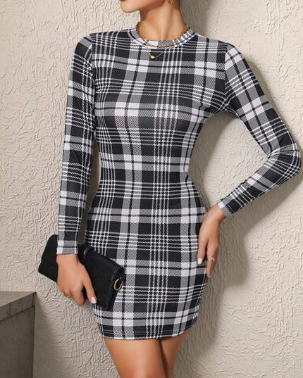 Long Sleeve Plaid Bodycon Mini Dress