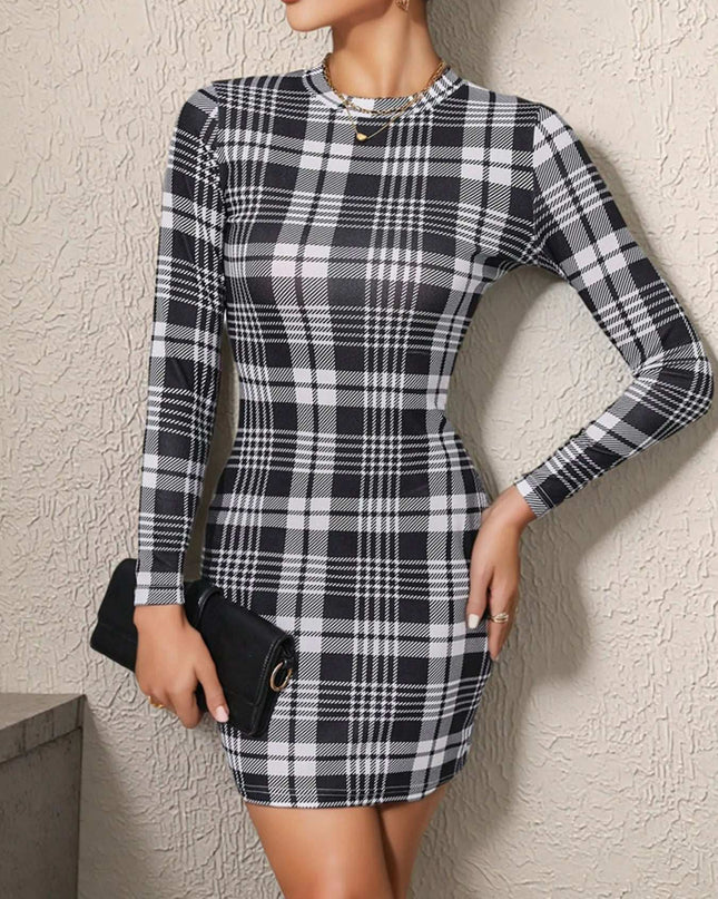 Long Sleeve Plaid Bodycon Mini Dress