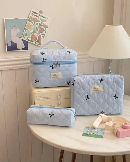 3 Piece Bow Quilted Cloth Storage Bag Set Light Blue One Size