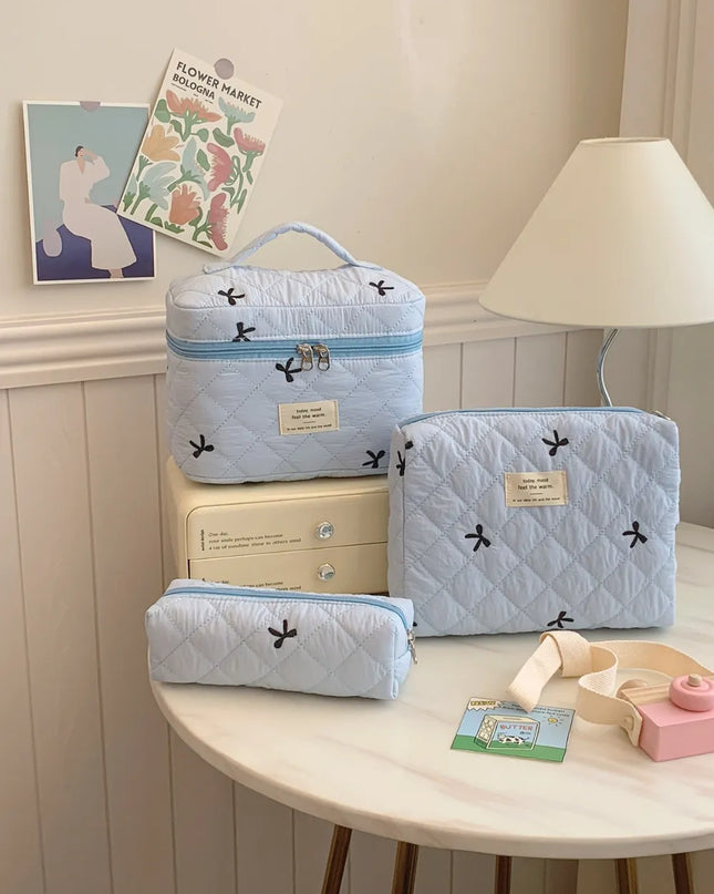 3 Piece Bow Quilted Cloth Storage Bag Set Light Blue One Size