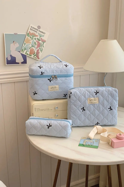 3 Piece Bow Quilted Cloth Storage Bag Set Light Blue One Size