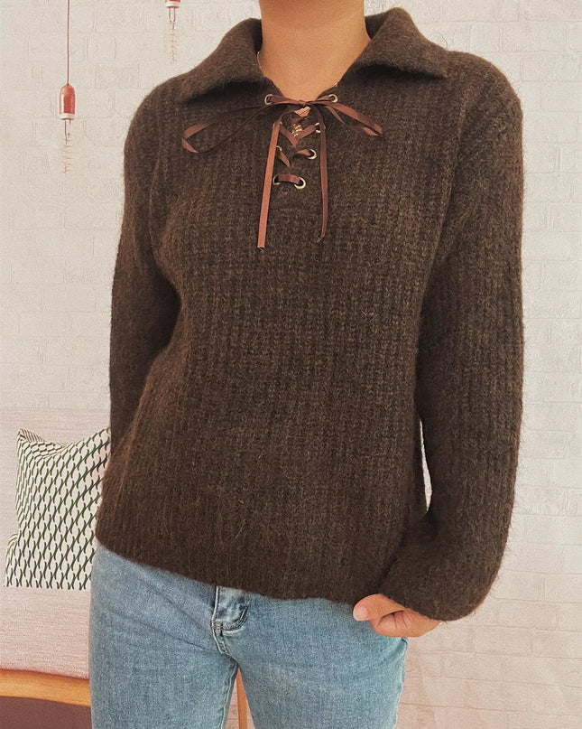 Lace Up Long Sleeve Sweater Brown One Size