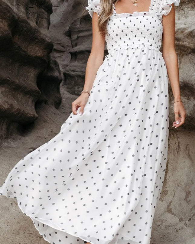 Polka Dot Ruffle Sleeve Smocked Midi Dress