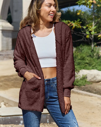 Full Size Teddy Hooded Jacket with Pockets Brown