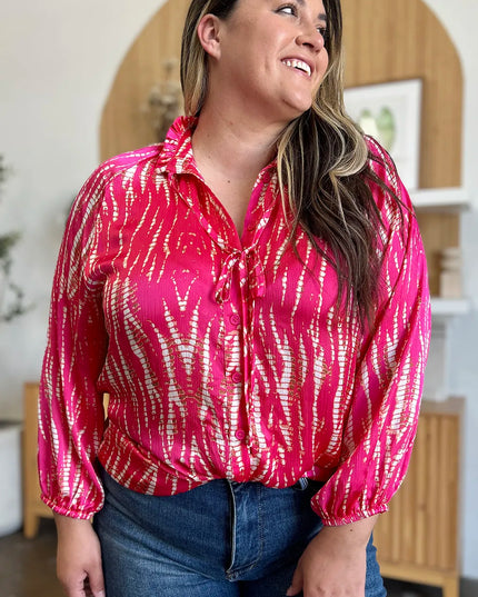 Double Take Full Size Printed Button Up Long Sleeve Shirt