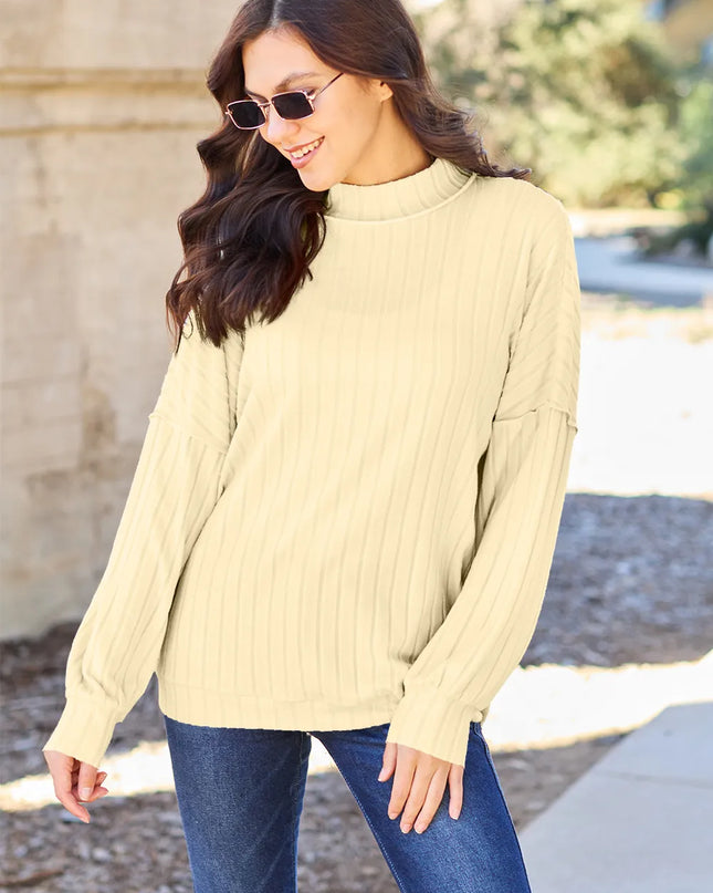 Basic Bae Full Size Ribbed Exposed Seam Mock Neck Knit Top Light Yellow