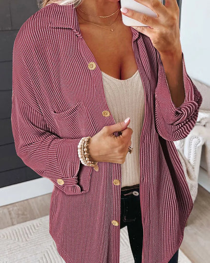 Striped Collared Neck Long Sleeve Shirt Dusty Pink