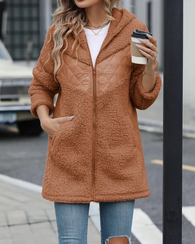 Fuzzy Zip Up Long Sleeve Hooded Jacket Caramel