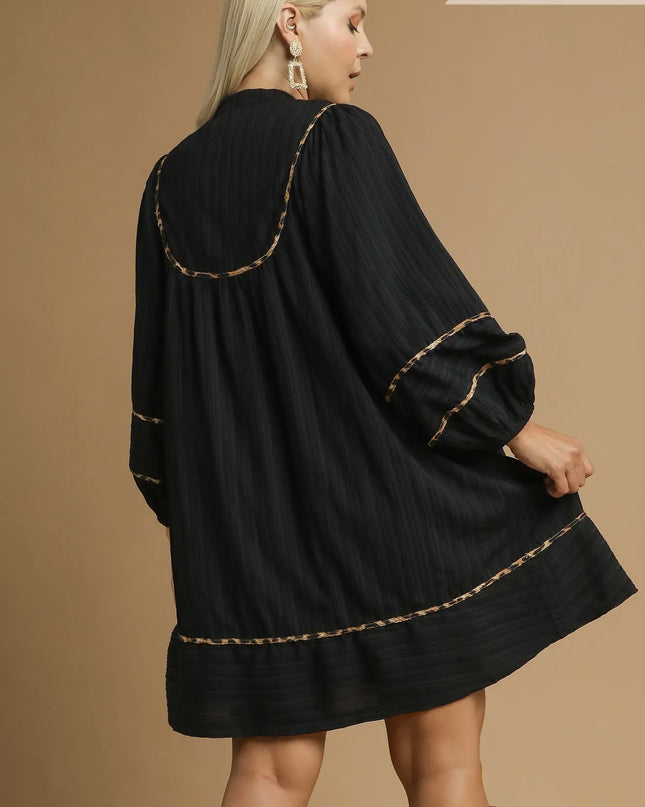 Umgee Full Size Textured Babydoll Dress with Leopard Trim Plus Size