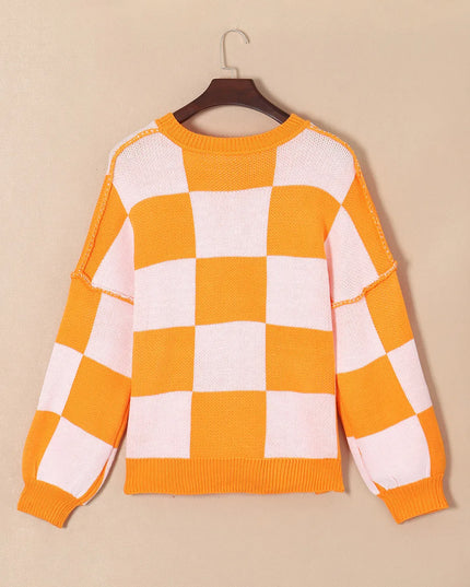 Pumpkin Checkered Round Neck Long Sleeve Sweater