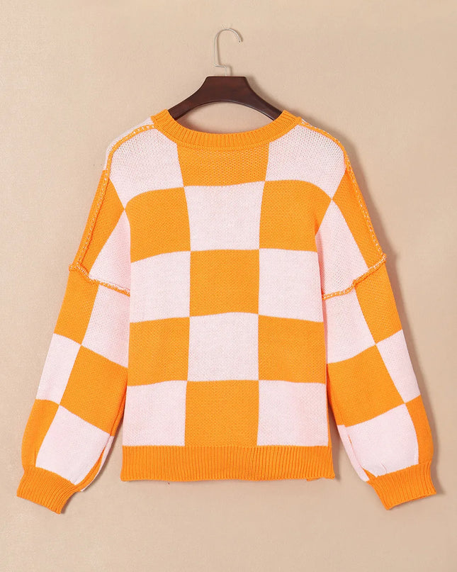 Pumpkin Checkered Round Neck Long Sleeve Sweater
