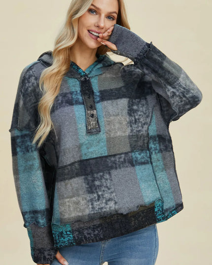 Double Take Full Size Plaid Dropped Shoulder Fleece Hoodie