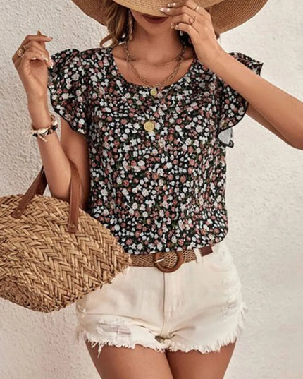 Ditsy Floral Round Neck Cap Sleeve Top