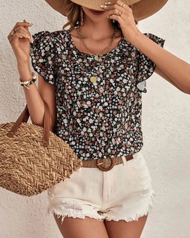 Ditsy Floral Round Neck Cap Sleeve Top
