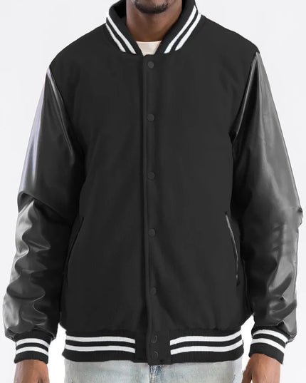 WEIV Men's Full Size Varsity Bomber Jacket with Leather Sleeves Plus Size BLACK