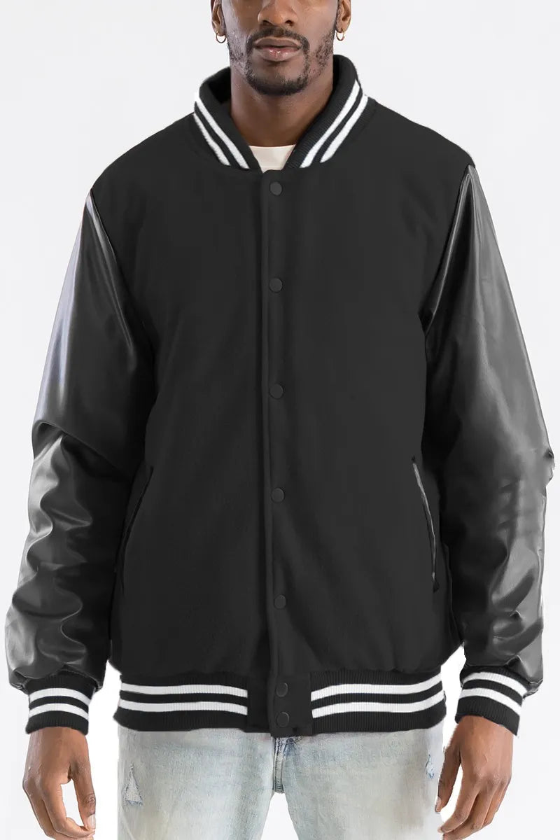 WEIV Men's Full Size Varsity Bomber Jacket with Leather Sleeves Plus Size BLACK