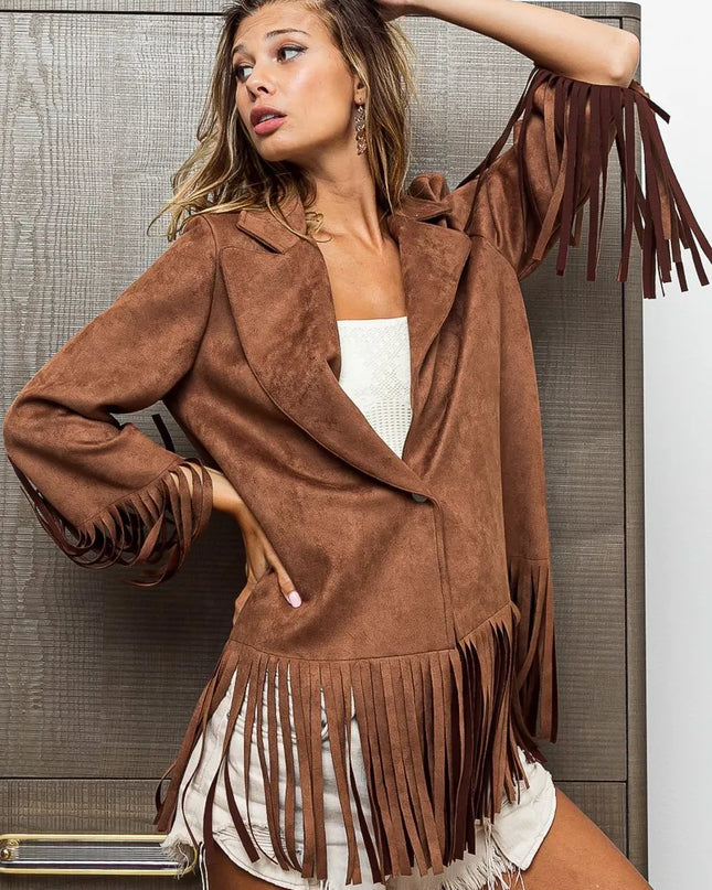 BiBi Suede Single Blazer with Fringed Hem