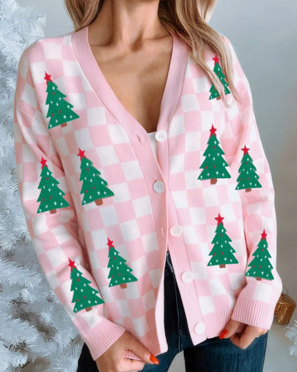 Christmas Tree Pattern Checkered Button V Neck Cardigan