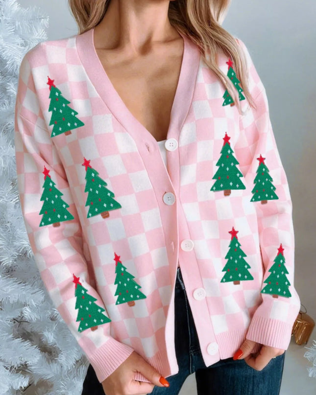 Christmas Tree Pattern Checkered Button V Neck Cardigan