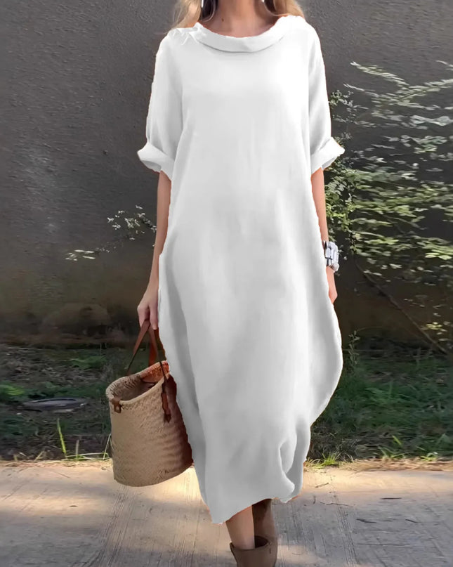 Full Size Casual Loose Fit Round Neck Midi Dress Plus Size White