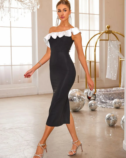 Slit Contrast Single Shoulder Midi Dress 