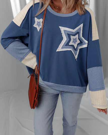 Contrast Knitted Colorblock Star Patchwork Oversize Long Sleeve Top Dusty Blue