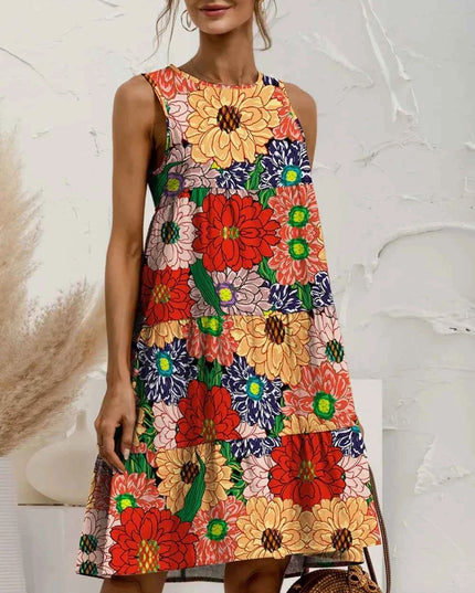 FAM-FAM Tiered Printed Round Neck Sleeveless Dress