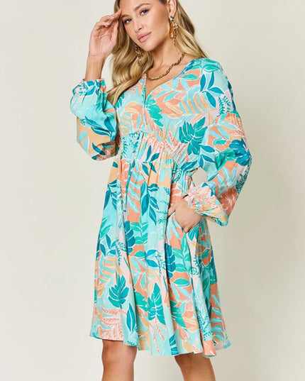 Double Take Full Size Printed V-Neck Drawstring Dress