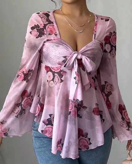 Floral Print Tie Front Flare Sleeve Blouse