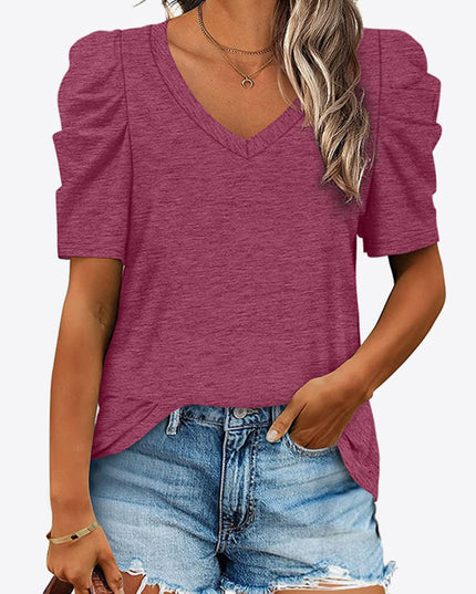 V-Neck Puff Sleeve Tee Fuchsia