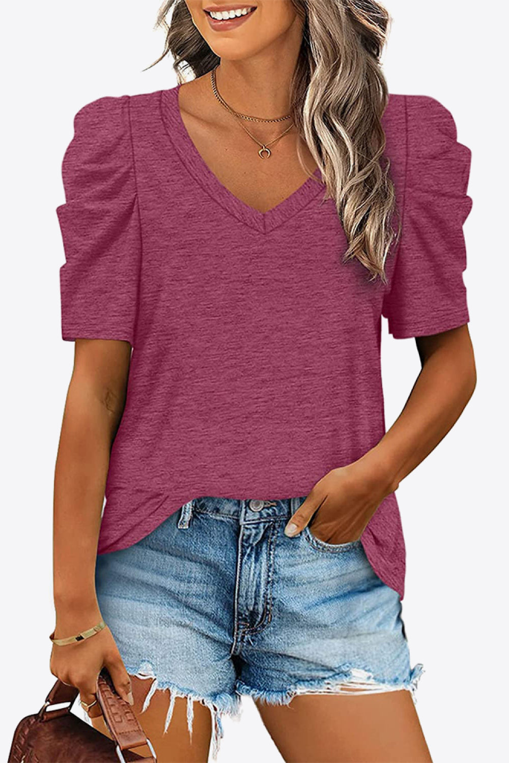V-Neck Puff Sleeve Tee Fuchsia