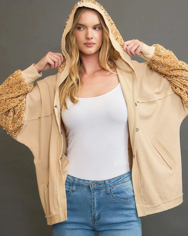 Umgee Sequined French Terry Jacket LATTE