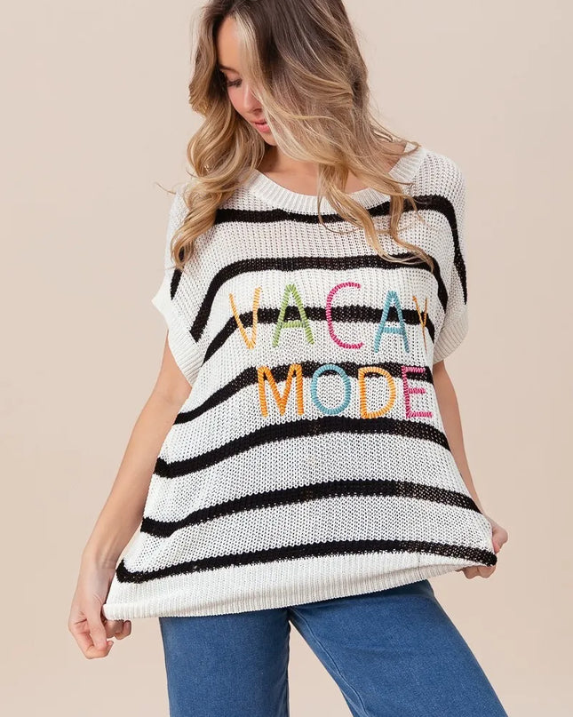 BiBi Vacay Mode Lettering Drop Shoulder Striped Sweater
