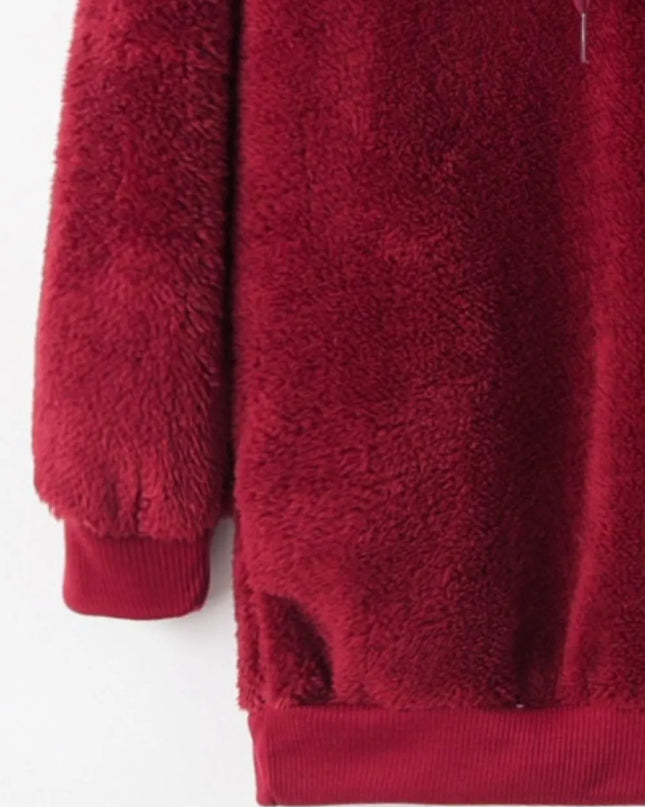 Full Size Quarter-Zip Drawstring Teddy Hoodie