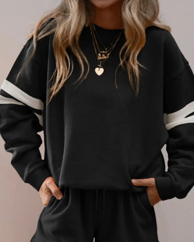 Stripe Round Neck Sweatshirt and Shorts Set