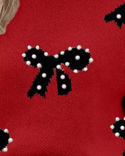 Round Neck Bow Pattern Pearl-Embellished Sweater