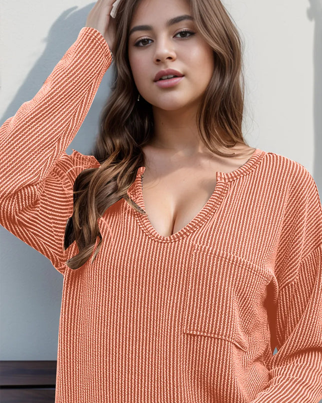 Double Take Striped Notched Long Sleeve T-Shirt Tangerine
