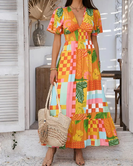 Devine Smocked Printed V-Neck Short Sleeve Maxi Dress Tangerine