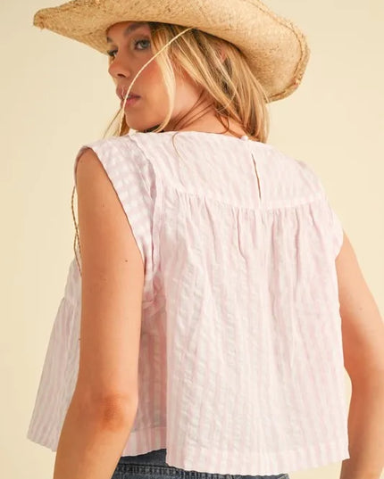 Aemi+Co Ruched Striped Round Neck Sleeveless Top