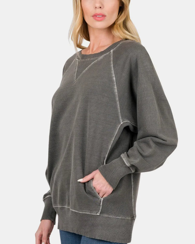 Zenana Round Neck Long Sleeve Sweatshirt Black