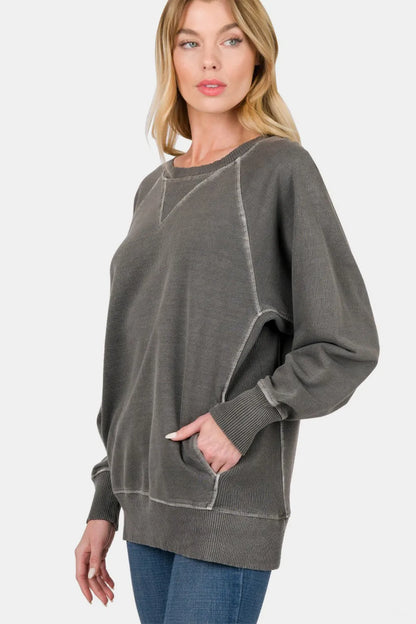 Zenana Round Neck Long Sleeve Sweatshirt Black