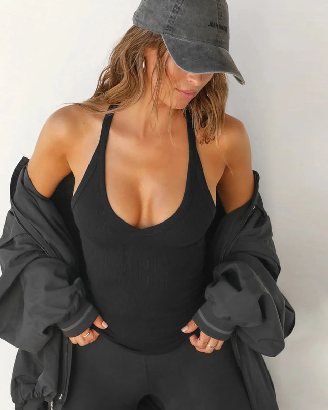 Ribbed V-Neck Halter Tank Top 