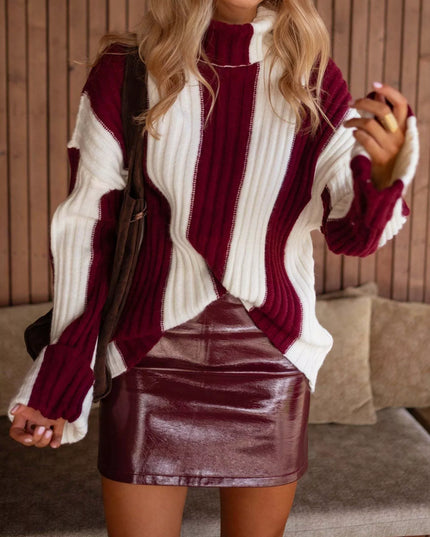 Color Block Ribbed Turtleneck Sweater
