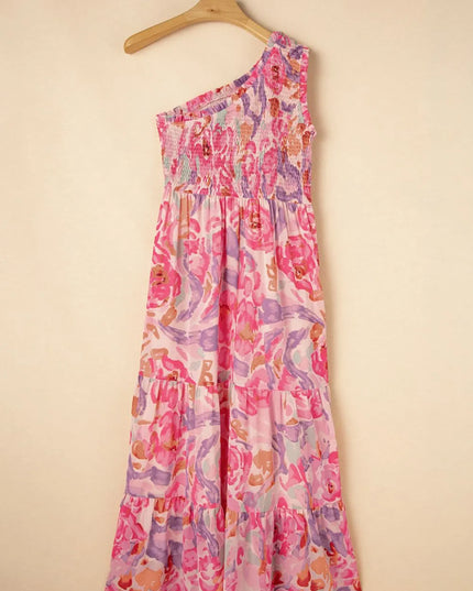 Floral Print Shirred One Shoulder Maxi Dress