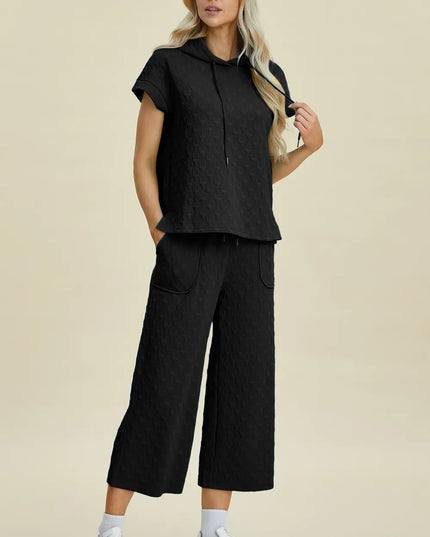 Double Take Full Size Texture Drawstring Short Sleeve Hoodie and Pocketed Pants Set