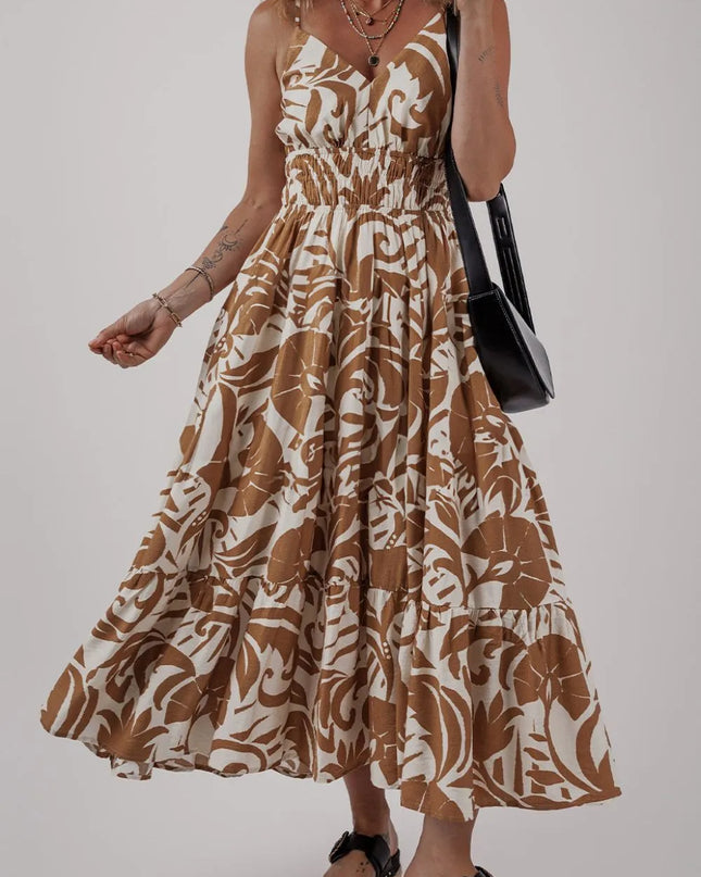 Floral Shirred High Waist Spaghetti Straps Dress Mocha