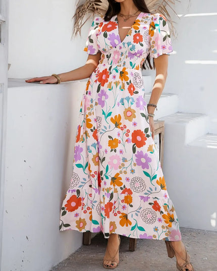 Devine Smocked Printed V-Neck Short Sleeve Maxi Dress Blush Pink