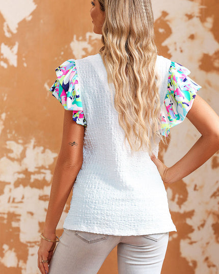 Multicolored Flutter Sleeve Round Neck Blouse