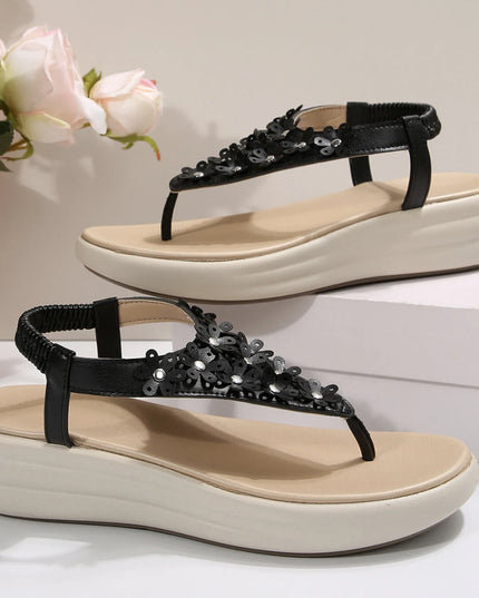 Studded T-Strap Wedge Sandals 