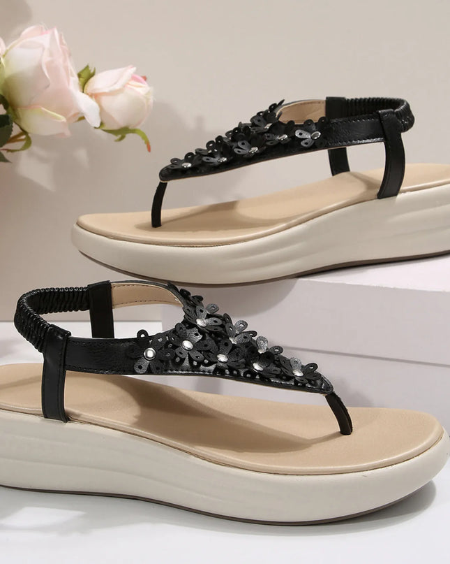 Studded T-Strap Wedge Sandals 